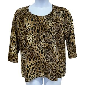 Sarah Bentley Blouse Womens XL Gold Black Animal Print 3/4 Sleeve Top Stretch